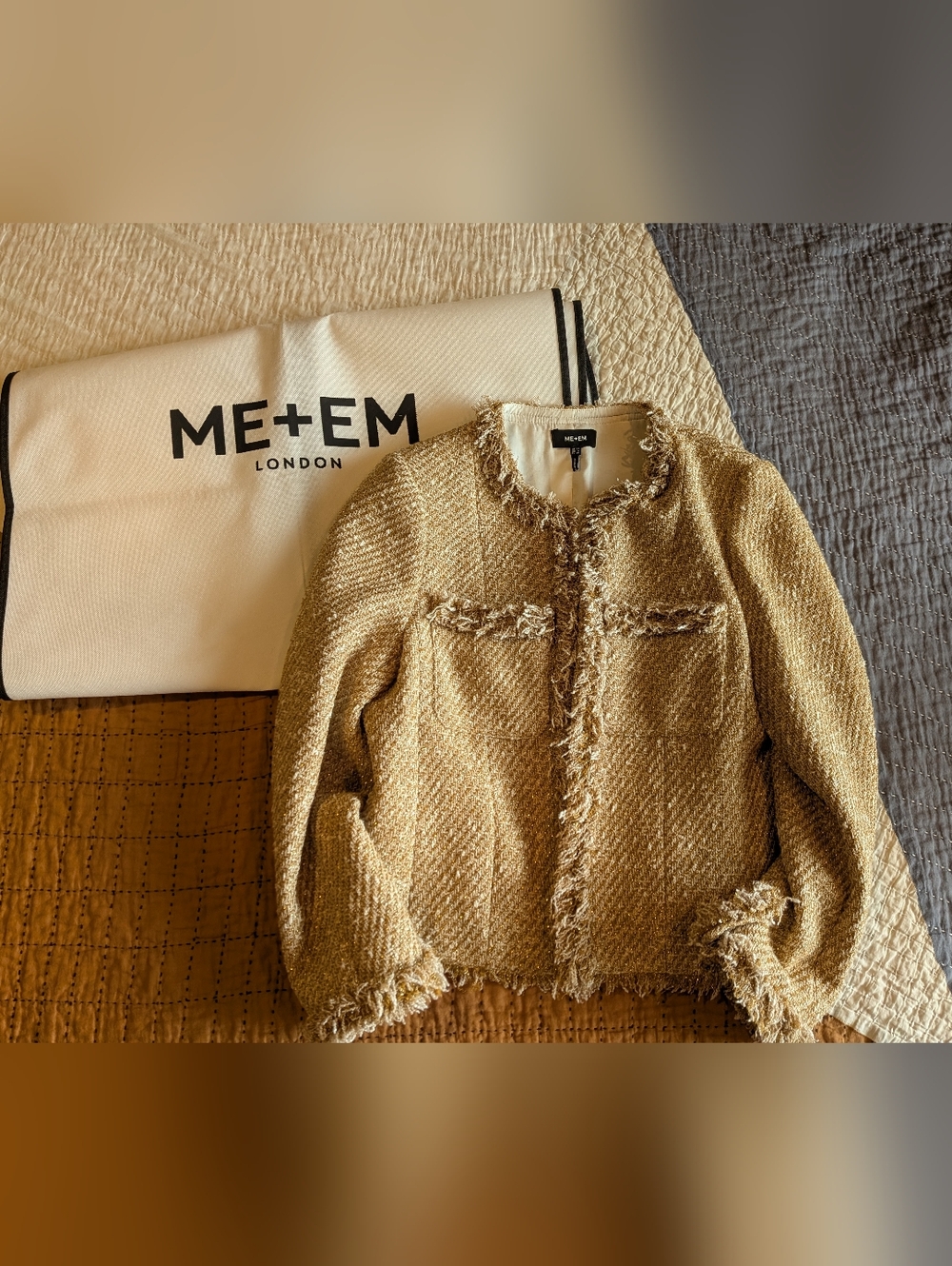 ME+EM Gold Bouclé Frayed-Trim Collarless Jacket With A Garment Bag